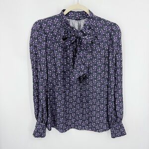 Elie Tahari 100% Silk Floral bow Tie Neck Blouse Sz XS purple gray